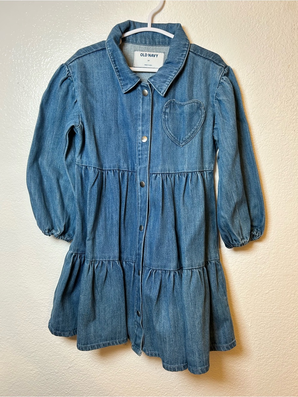 Old Navy Denim Toddler Long Sleeve Dress Button Closure With Heart Pocket 3T